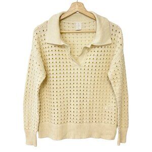 Joie Ivory Perforated Pointelle- Knit Top‎ Eyelet Collared V-Neck Casual Sweater